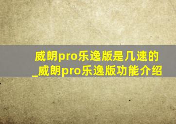 威朗pro乐逸版是几速的_威朗pro乐逸版功能介绍