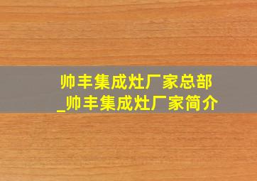 帅丰集成灶厂家总部_帅丰集成灶厂家简介